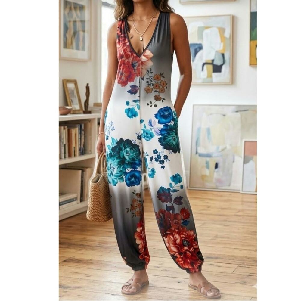 Lily EUC Ombre floral relaxed jumpsuit romper  Medium Blue red Grey black white